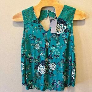 Daniel‎ Rainn Womens Floral Tank Top Teal Green Lace Trim Sleeveless Blouse 3X